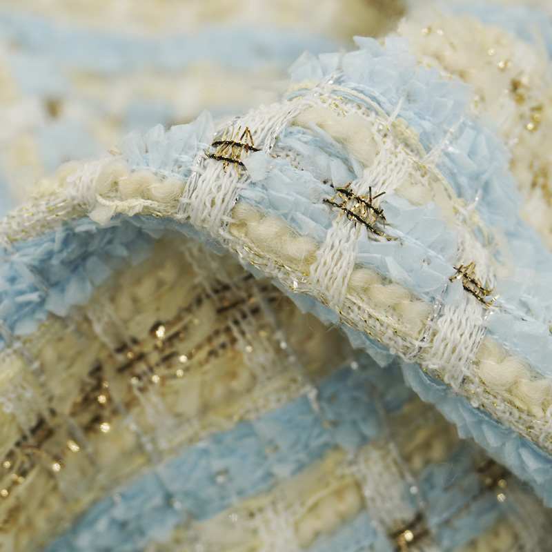Sewing Tweed - Blue Gold Interlace Plaid Tweed fabric